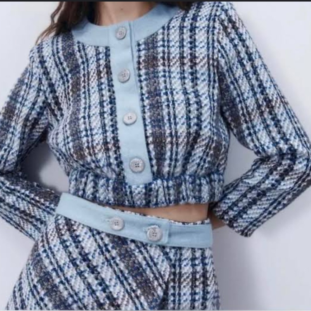 ZARA Tweed Textured Crop Top Long Sleeve Denim Blue, Size Large